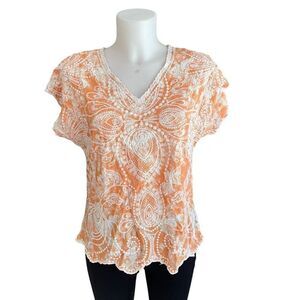 SOLITAIRE Vneck Short Flutter Sleeve Orange Top Fully Embroidered size small